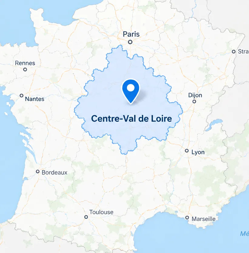 Carte de la zone d'intervention : la région Centre-Val de Loire et ses alentours